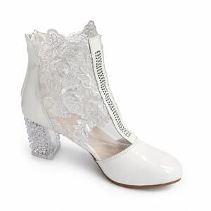 Women's 8 Lacey Flower Ankle Boots Zip Clear Rhinestone Block Heel Wedding
